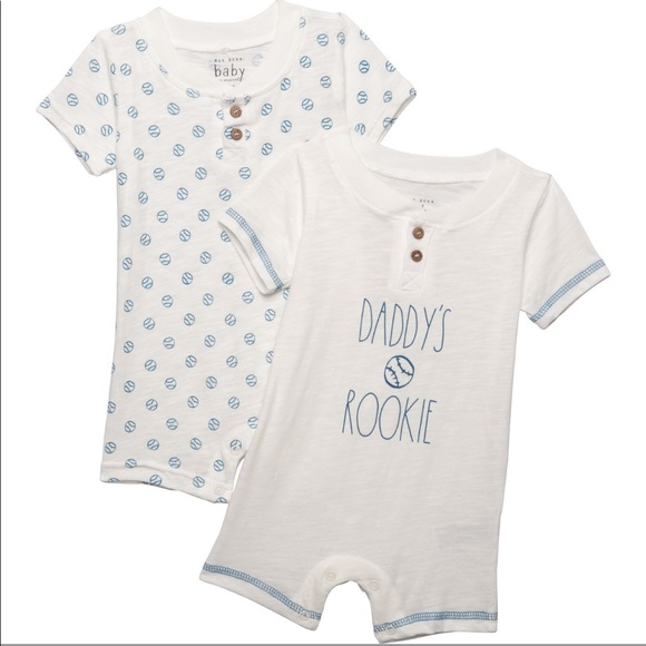 Rae Dunn Set of Two Rompers “Daddy’s Rookie” and baseball print romper bundle - Picture 4 of 4